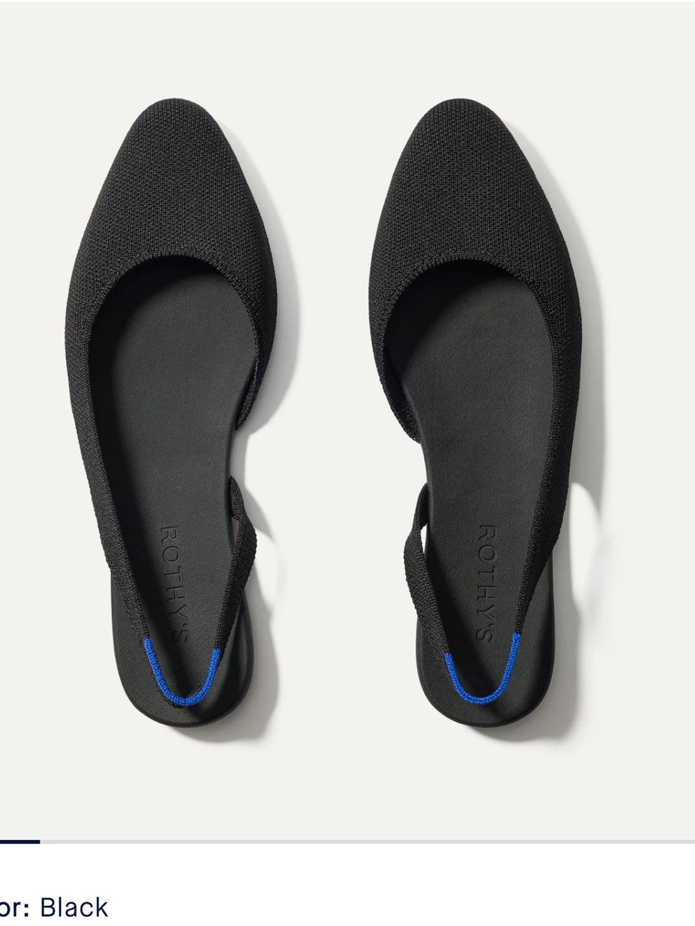 Rothy's Black Pointed Slingback Flats with Blue Heel Tab